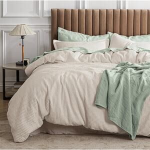 NEW Bedsure Twin Comforter Set Pillow Sham Neutral Waffle Knit 100% Cotton Shell